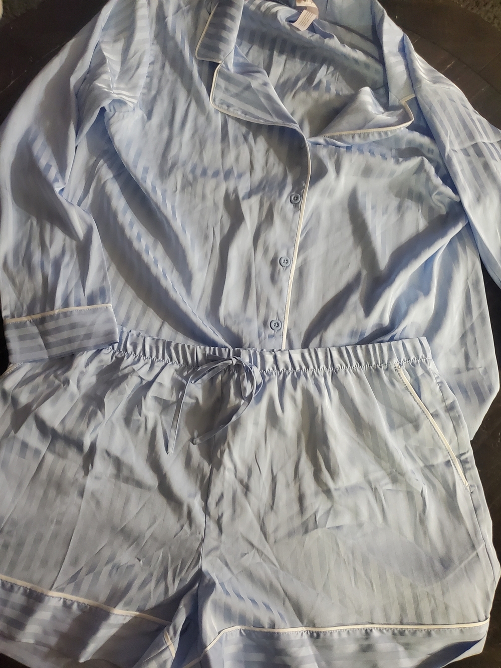 Auden Light Blue Striped Button-Front Pajama Set with White Piping